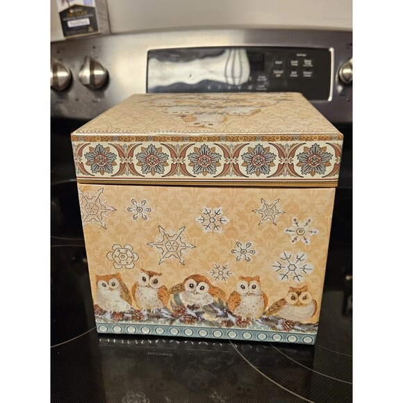 Elegant Storage Box Blue, Yellow, Silver Filigree Owl Print 9"x9"x5" - Picture 5 of 10